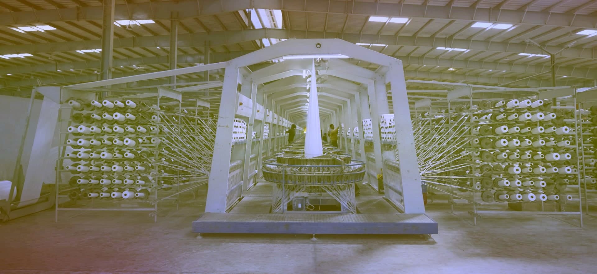 A circular loom hall at a Suraj works, tape spools feeding the looms